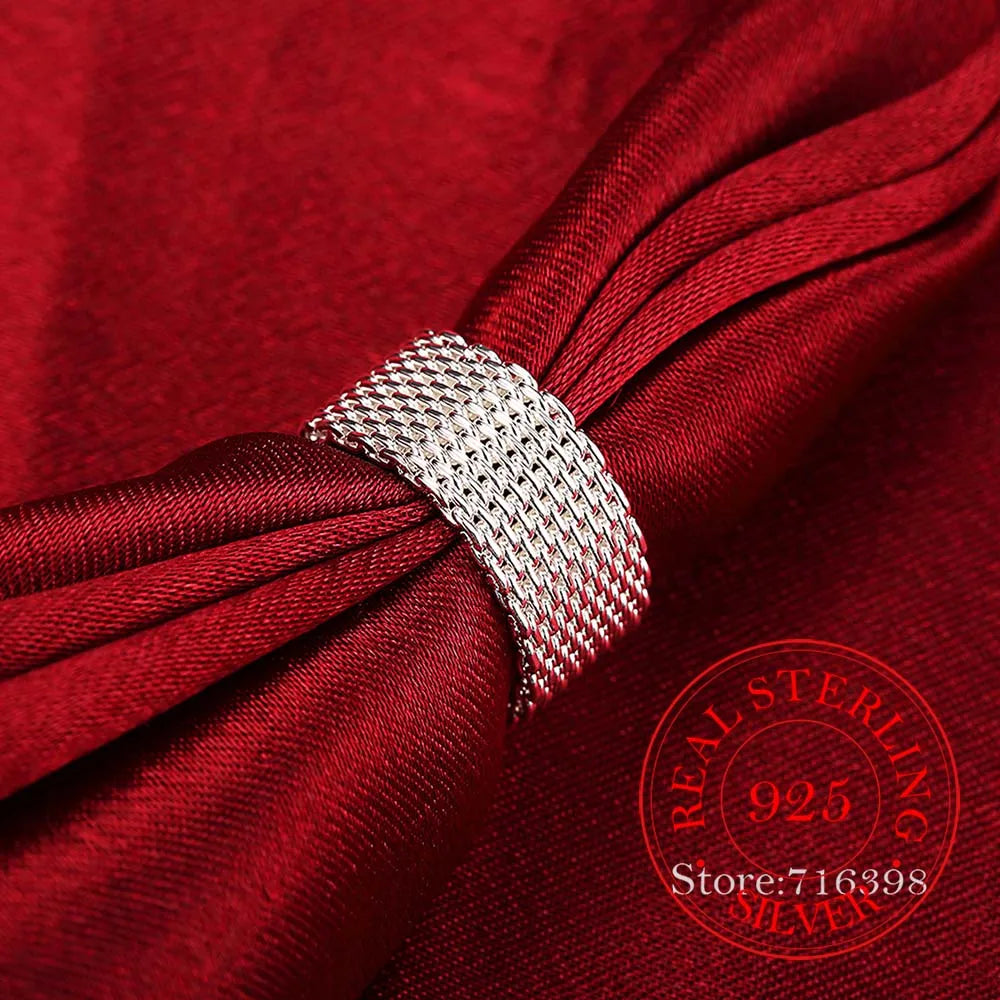 100% 925 Sterling Silver Rings for Women Silver Weaving Wide Ring Wholesale Personality Fashion OL Woman Girl Party Wedding Gift