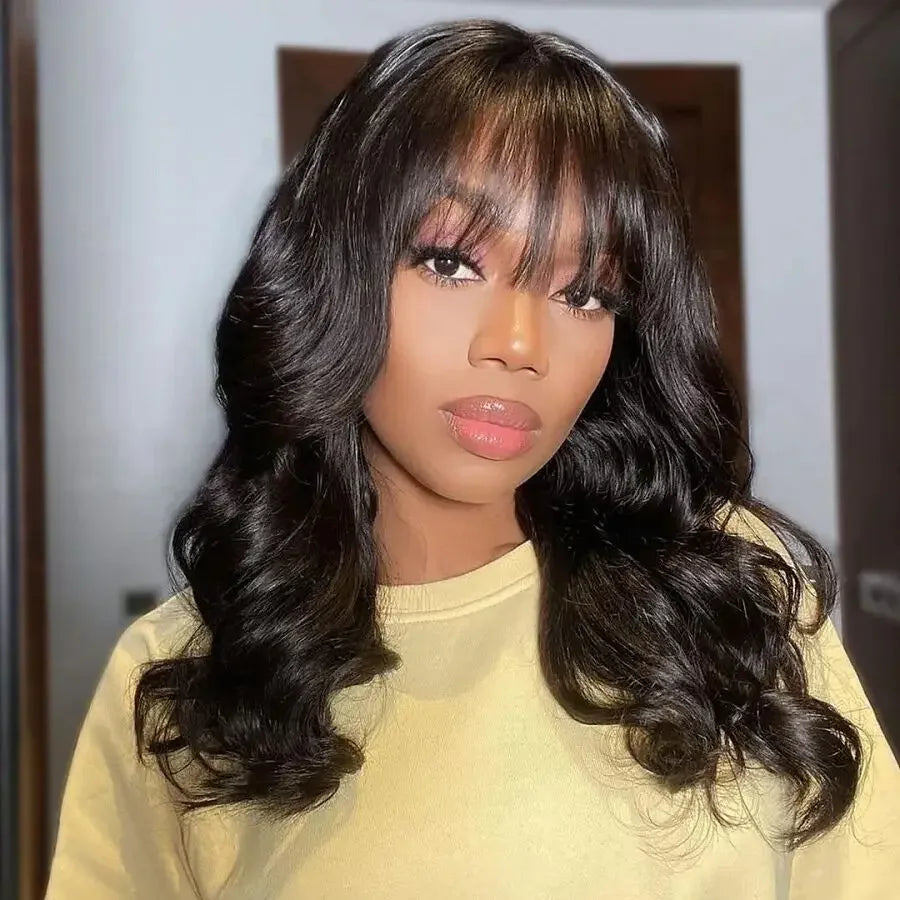 Body Wave Human Hair 30 Inch Wigs With Bangs Full Machine Made Human Hair Wigs For Women Natural Color 180% Density Long Wigs