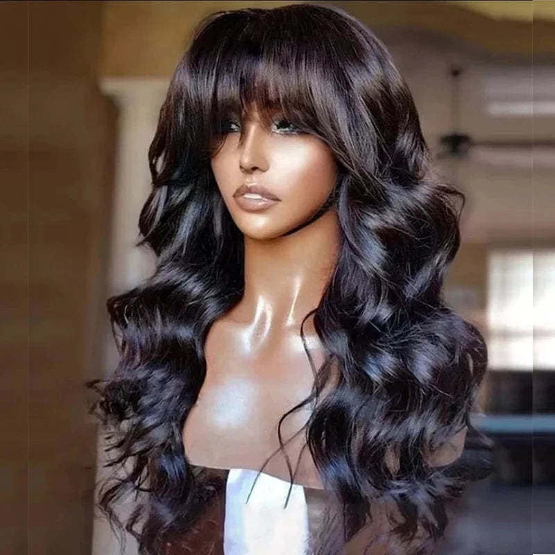 Peruvian Human Hair Wig With Bangs 32 inch Body Wave Hair Wigs For Women Natural Black Machine Made Loose Wave Long Hair Wig