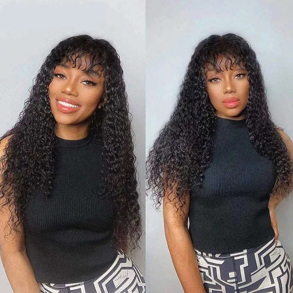 Water Wave Wigs For Women 100 humain hair Deep Curly Wig With Bangs Perruque Cheveux Humain Full Machine Made Wigs Sale