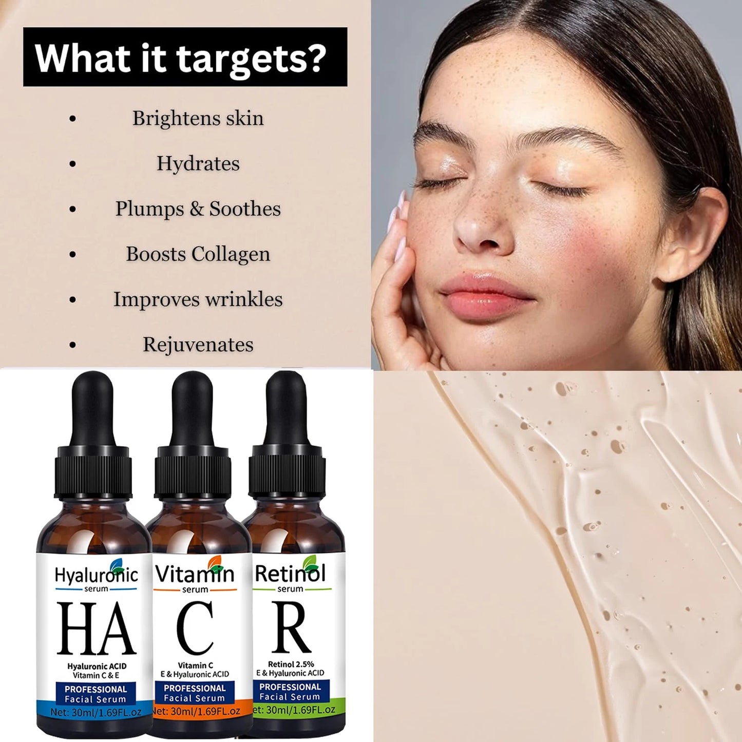 Facial Serums Skin Care Set Vitamin C Hyaluronic Acid Retinol Serum for Face Firms Tightens Serum Brightening Hydrating Face Se