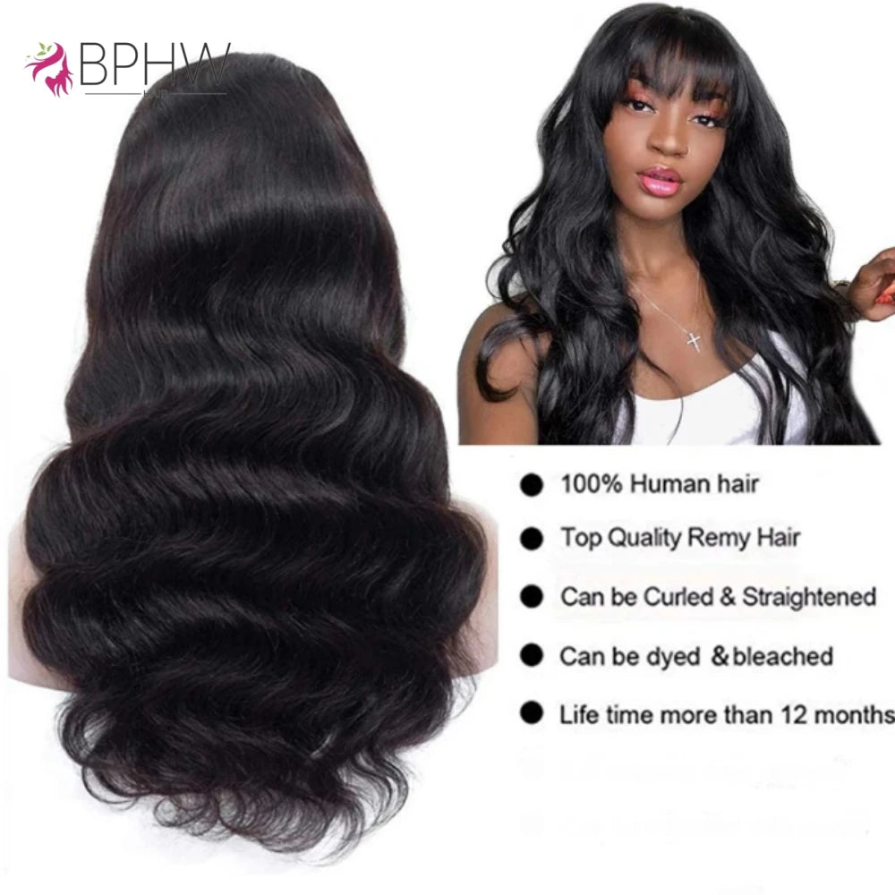 Body Wave Human Hair 30 Inch Wigs With Bangs Full Machine Made Human Hair Wigs For Women Natural Color 180% Density Long Wigs