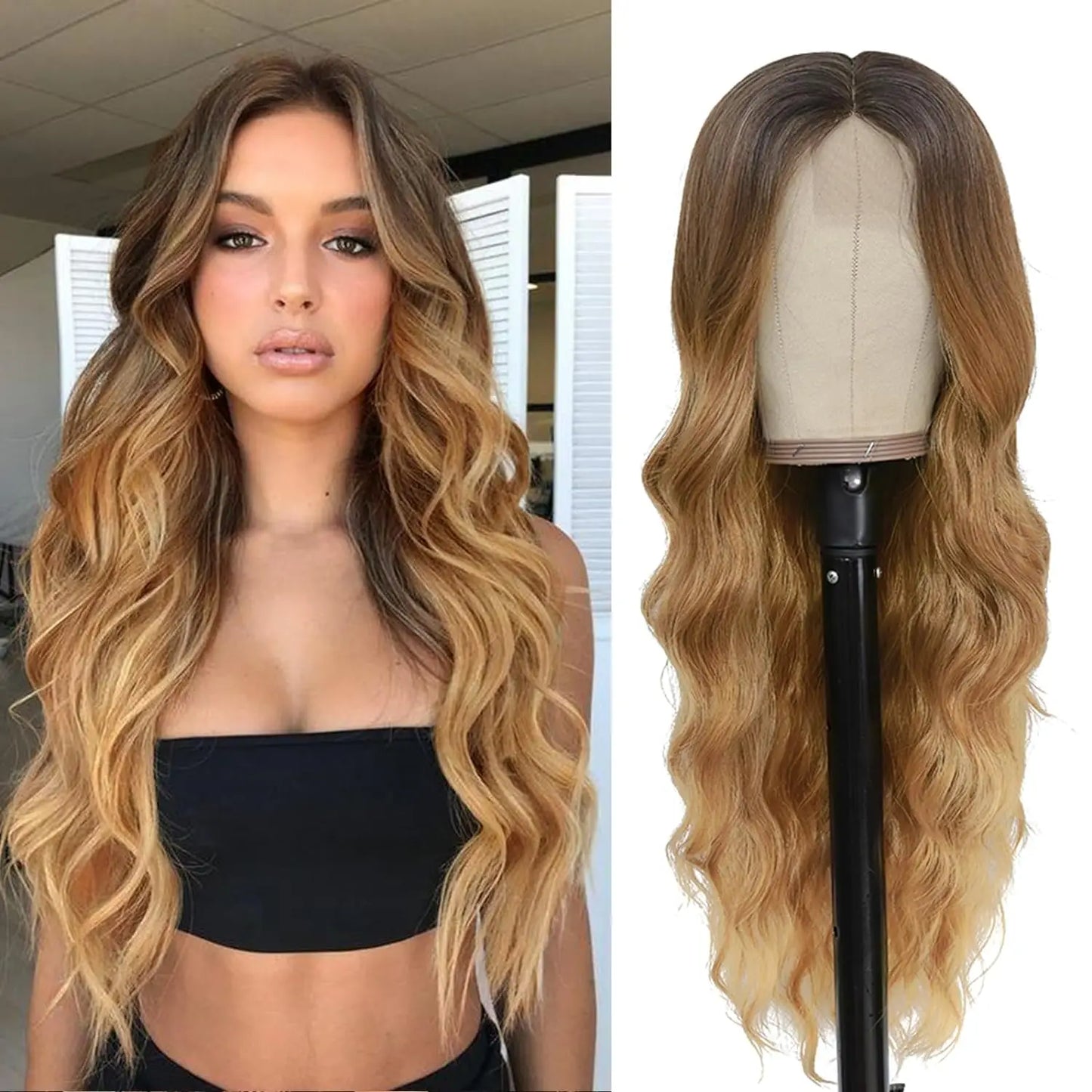 28 Inch Synthetic Hair Wig Long Lace Ombre Blonde Pink Curly Wavy for Women Girl Middle Part Machine Made Daily Party Dating