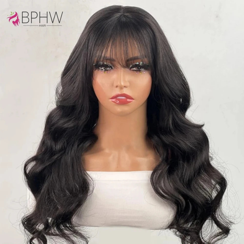 Body Wave Human Hair 30 Inch Wigs With Bangs Full Machine Made Human Hair Wigs For Women Natural Color 180% Density Long Wigs