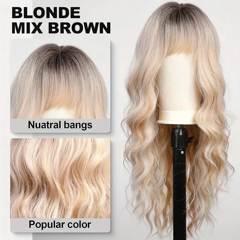 28inch Long Curly Wavy Wig with Bangs Heat Resistant Synthetic Hair Loose Wave Elegant Daily Beginner-Friendly