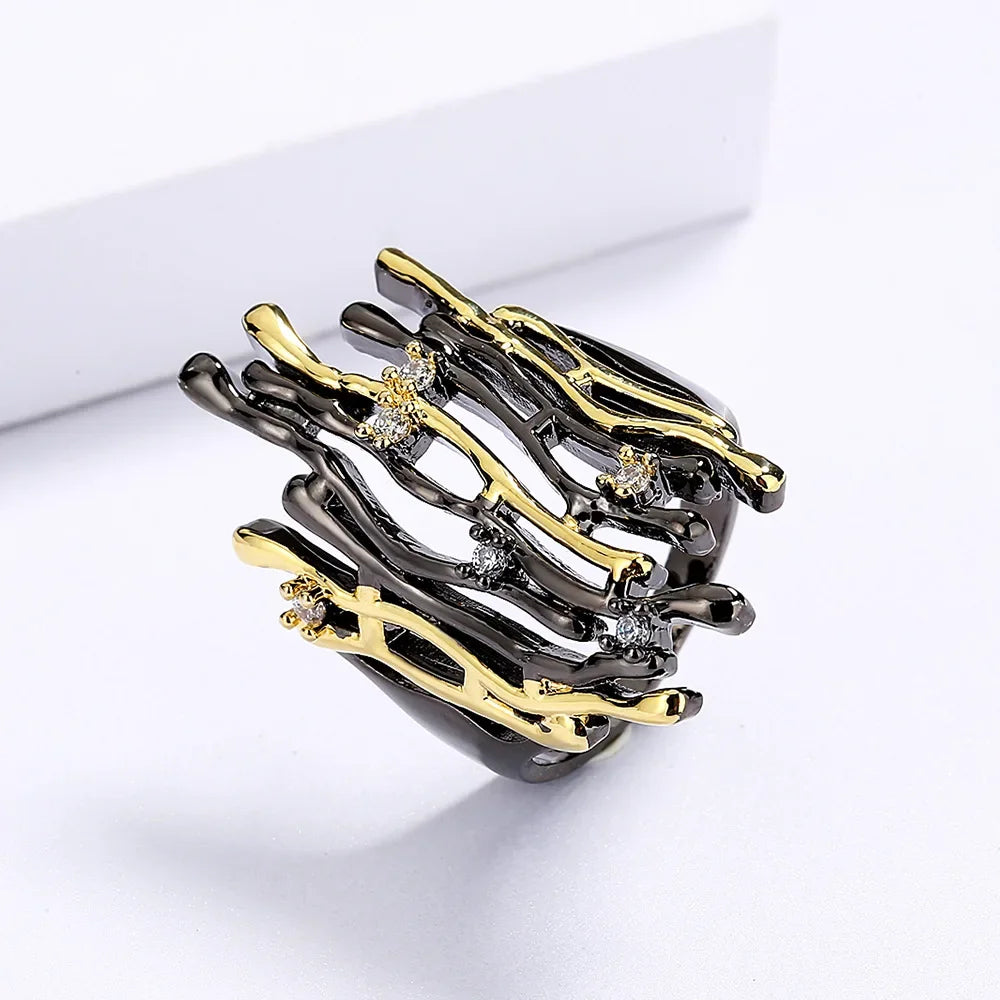 Rings for Women Geometric Hollow Irregular Branch Shape Women's Jewelry Fashion Party Gift Black Gold Color Accessories
