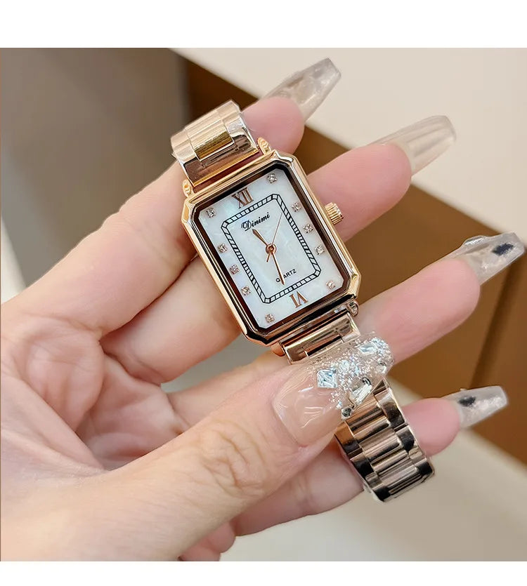 Vintage watches with female personality, niche design, square diamond studded steel strip, quartz watch for women