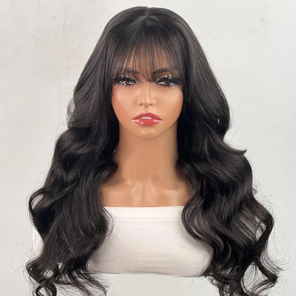 Body Wave Human Hair 30 Inch Wigs With Bangs Full Machine Made Human Hair Wigs For Women Natural Color 180% Density Long Wigs