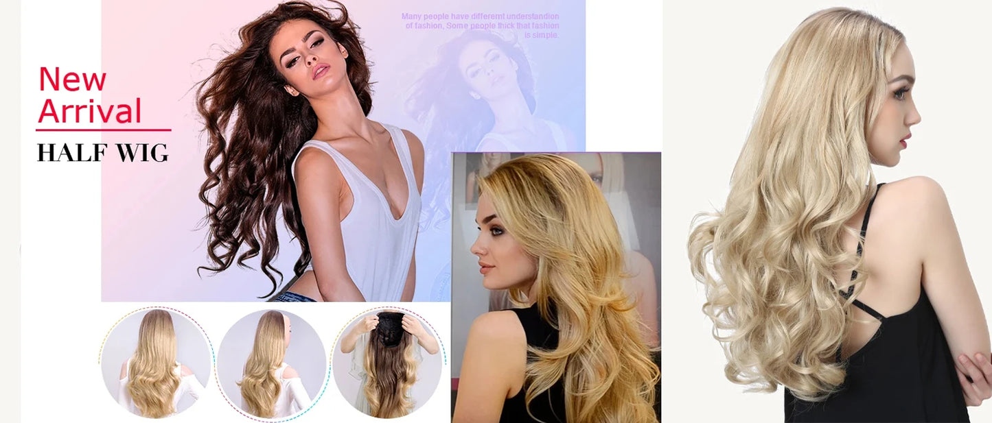 24 Inch Synthetic Long Wavy Head Tied 3/4 Half Wigs for Women With Clips In, Hair Extension Blonde Wigs