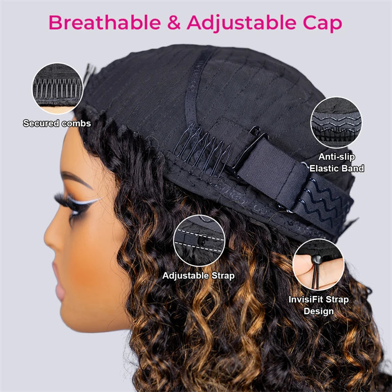 VSHOW 1B/30 Highlight Wear Go Half Wig Water Wave Glueless 100% Human Hair Wigs Flip Over Curly Hair Wig Beginner Friendly