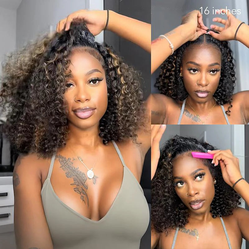 VSHOW 1B/30 Highlight Wear Go Half Wig Water Wave Glueless 100% Human Hair Wigs Flip Over Curly Hair Wig Beginner Friendly