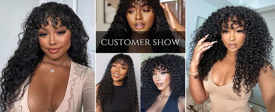 Long Curly Wig with Bangs Human Hair Full Machine Made Wear and Go Glueless Wig Water Wave Wigs with Bangs for Black Women 180%