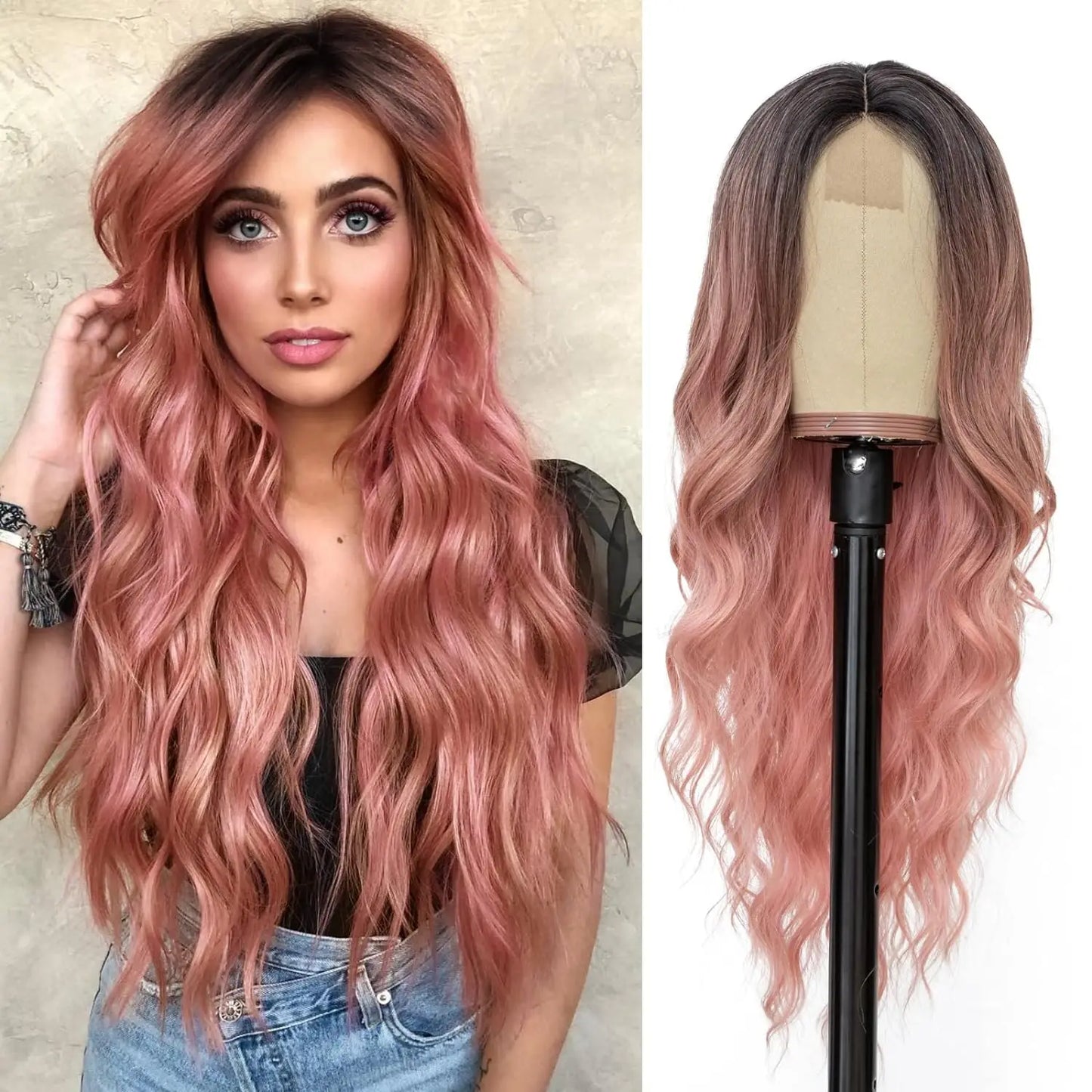 28 Inch Synthetic Hair Wig Long Lace Ombre Blonde Pink Curly Wavy for Women Girl Middle Part Machine Made Daily Party Dating