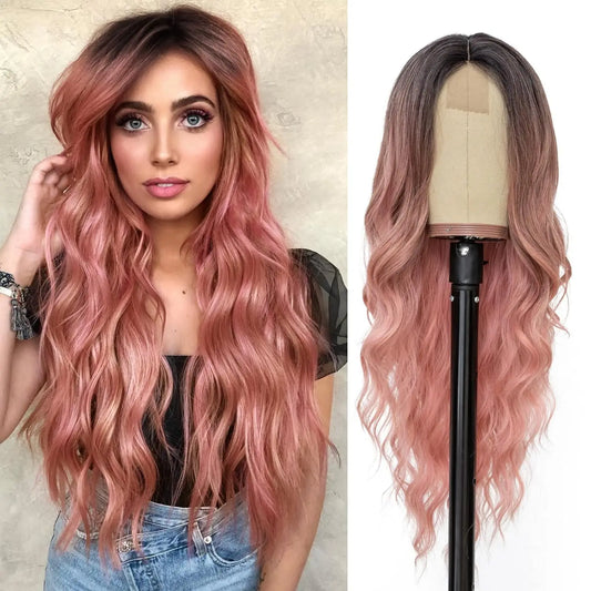 28 Inch Synthetic Hair Wig Long Lace Ombre Blonde Pink Curly Wavy for Women Girl Middle Part Machine Made Daily Party Dating