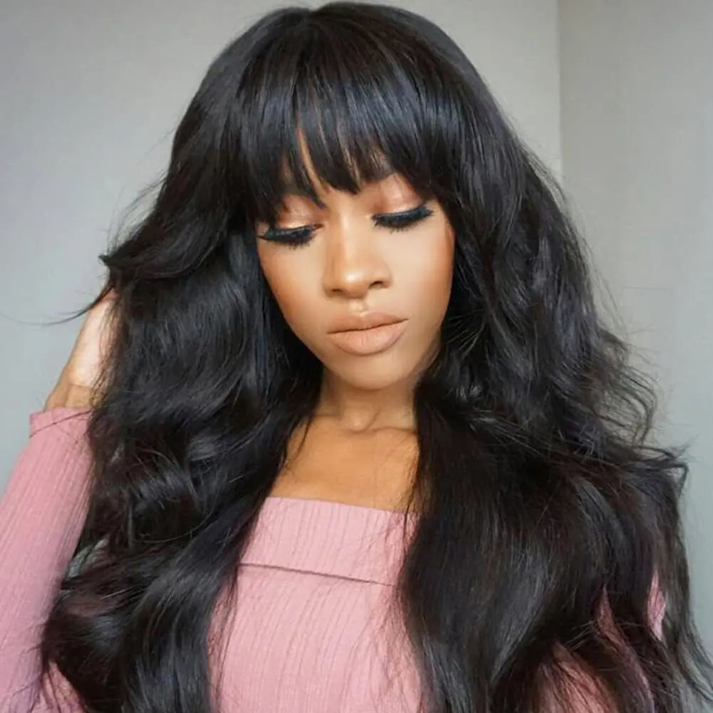 Peruvian Human Hair Wig With Bangs 32 inch Body Wave Hair Wigs For Women Natural Black Machine Made Loose Wave Long Hair Wig