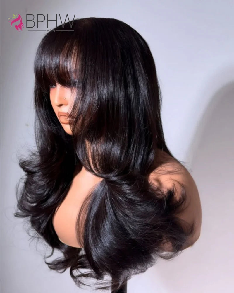 Body Wave Human Hair 30 Inch Wigs With Bangs Full Machine Made Human Hair Wigs For Women Natural Color 180% Density Long Wigs