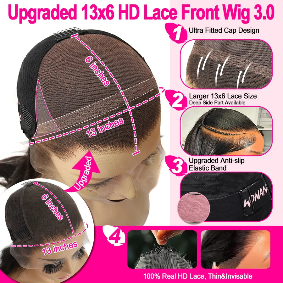 WowAngel 250% Pre Bleached 13x6 HD Lace Front Wigs 34in Glueless Straight Human Hair Wigs Pre Plucked Brazilian Hair For Women