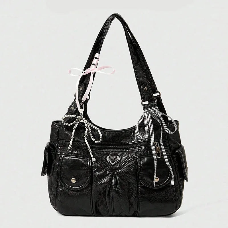 Fashionable handbag with bow pendant, niche design, large capacity women's armpit bag, suitable for commuting to work, shopping,