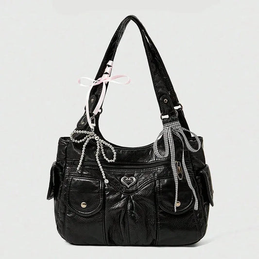 Fashionable handbag with bow pendant, niche design, large capacity women's armpit bag, suitable for commuting to work, shopping,