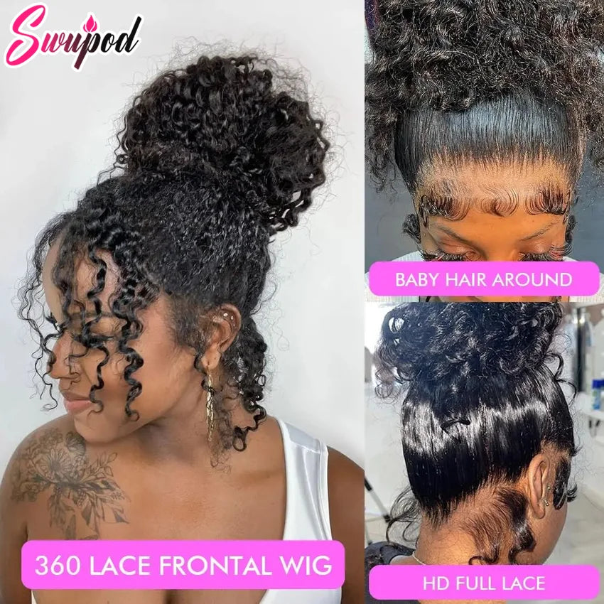 30 Inch Black Human Hair Drawstring Snug Water Wig Glueless 250 Density Hd Invisi Strap 360 Full Lace Frontal Kinky Curly Wig