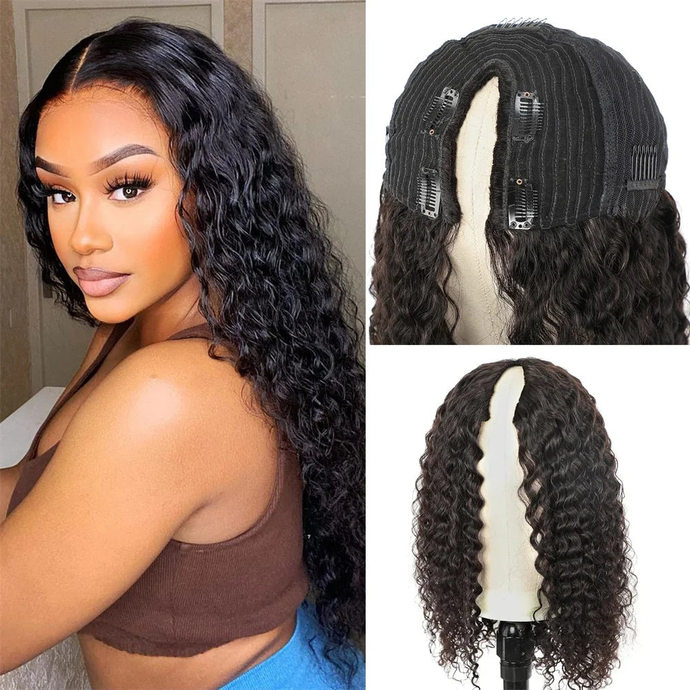 Water Wave V Part Wig Human Hair No Leave Out Curly V Part Human Hair Wigs For Women 180% Brazilian Curly Machine Made Wig