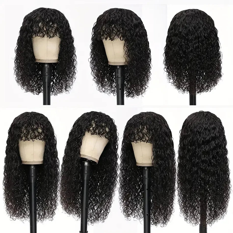 Long Curly Wig with Bangs Human Hair Full Machine Made Wear and Go Glueless Wig Water Wave Wigs with Bangs for Black Women 180%
