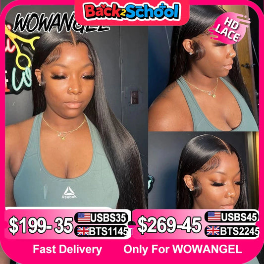 WowAngel 250% Pre Bleached 13x6 HD Lace Front Wigs 34in Glueless Straight Human Hair Wigs Pre Plucked Brazilian Hair For Women