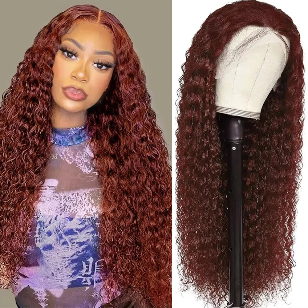 36 Inches  Curly Wigs 13×6  Lace Front Human Hair Wig Reddish Brown  Glueless Wigs Human Hair Water Wave Human Hair Wigs