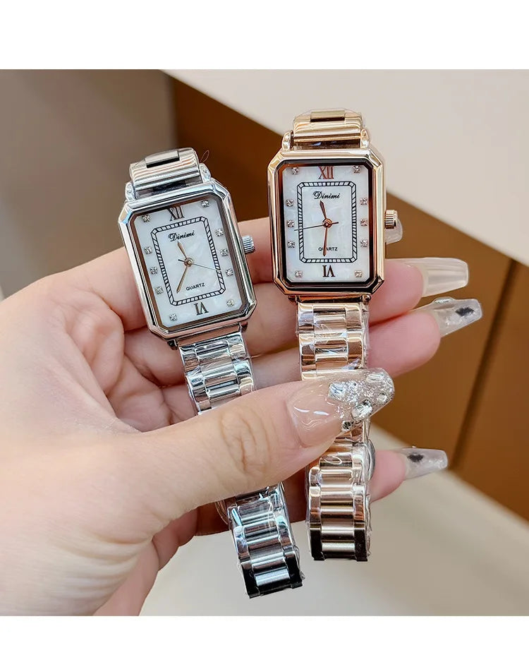 Vintage watches with female personality, niche design, square diamond studded steel strip, quartz watch for women