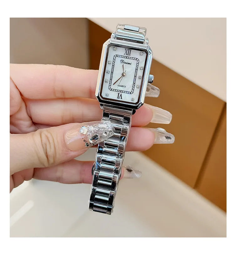 Vintage watches with female personality, niche design, square diamond studded steel strip, quartz watch for women