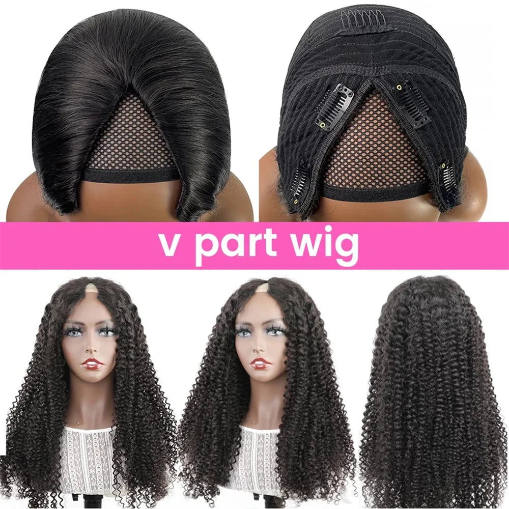 Water Wave V Part Wig Human Hair No Leave Out Curly V Part Human Hair Wigs For Women 180% Brazilian Curly Machine Made Wig