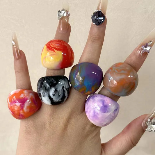Trendy Geometric Round Resin Big Rings For Women Fashion Vintage Colorful Gradient Marble Patten Acrylic Wide Ring Party Jewelry