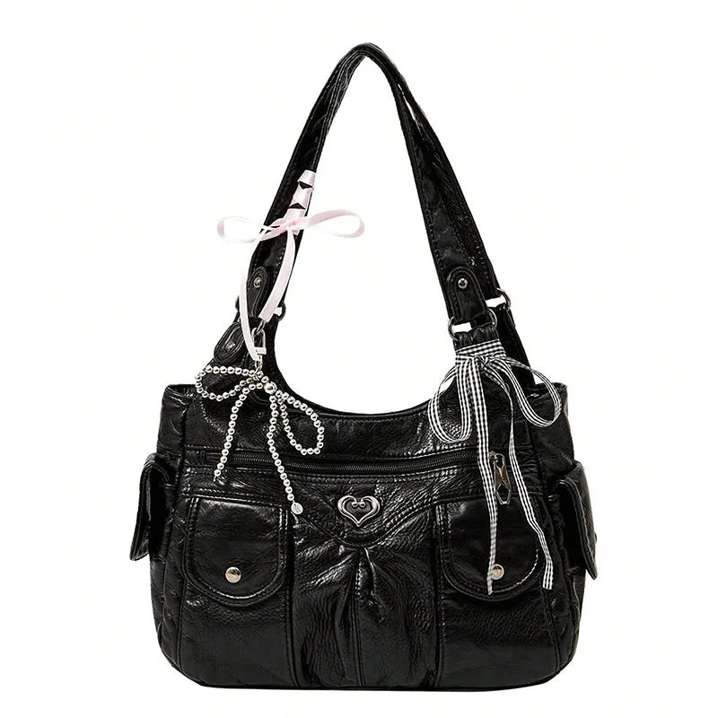 Fashionable handbag with bow pendant, niche design, large capacity women's armpit bag, suitable for commuting to work, shopping,