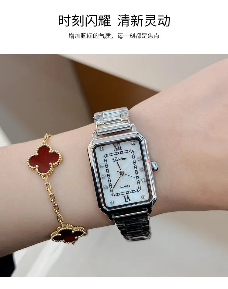 Vintage watches with female personality, niche design, square diamond studded steel strip, quartz watch for women