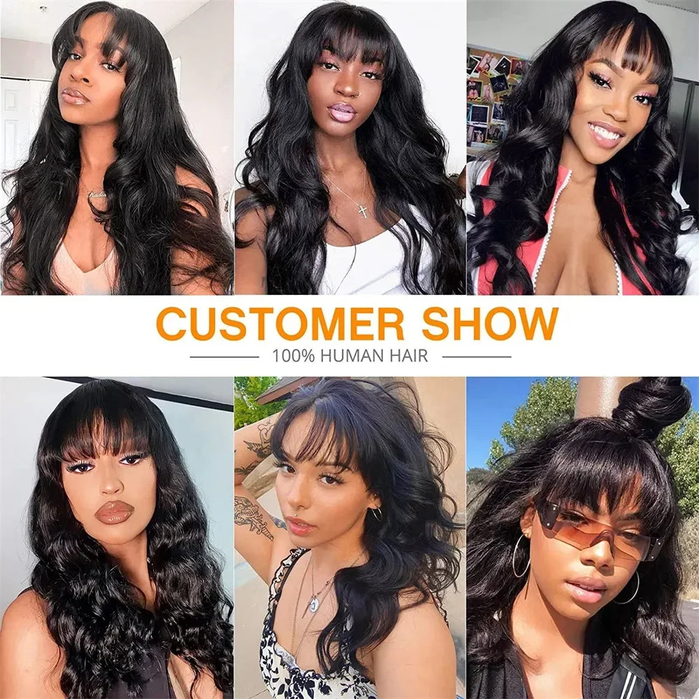 Body Wave Human Hair 30 Inch Wigs With Bangs Full Machine Made Human Hair Wigs For Women Natural Color 180% Density Long Wigs
