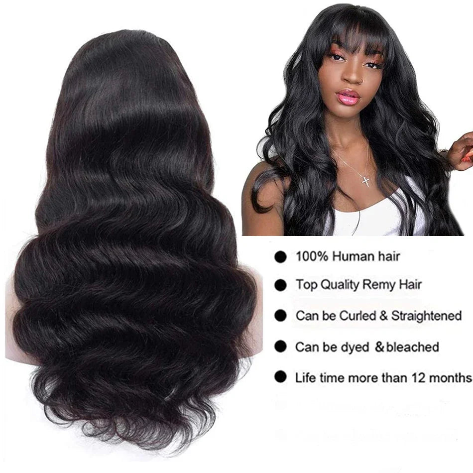 Body Wave Human Hair 30 Inch Wigs With Bangs Full Machine Made Human Hair Wigs For Women Natural Color 180% Density Long Wigs