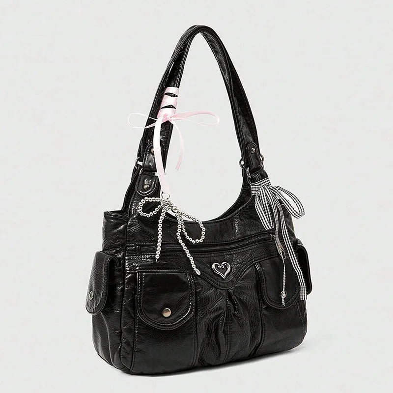 Fashionable handbag with bow pendant, niche design, large capacity women's armpit bag, suitable for commuting to work, shopping,
