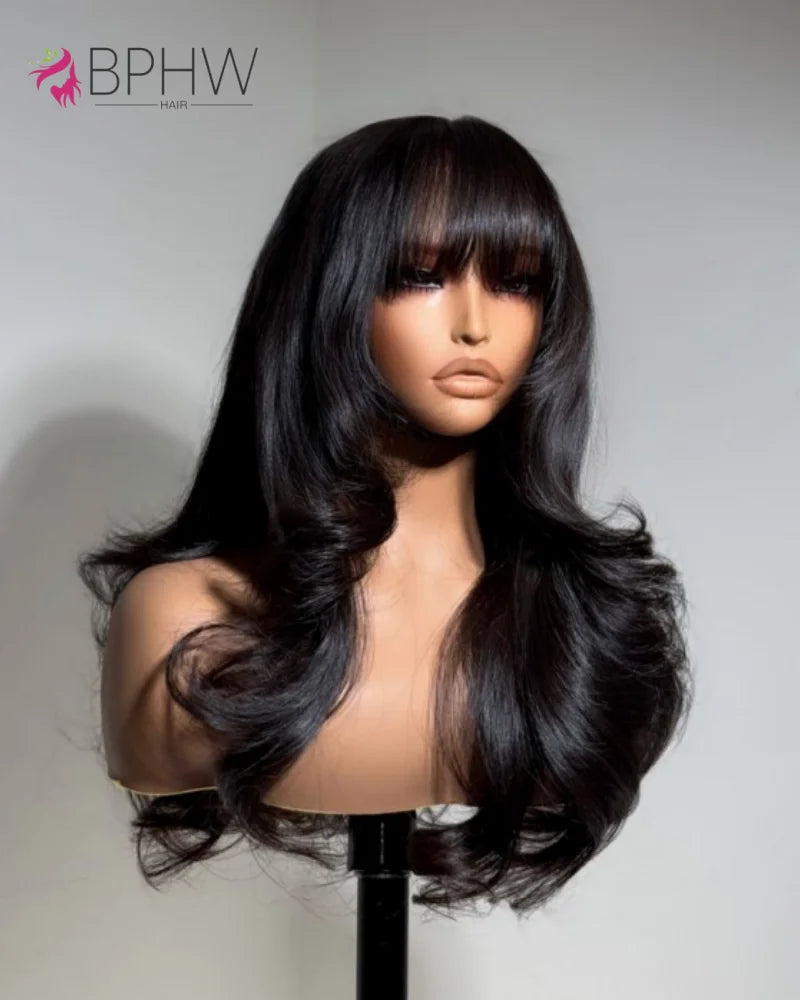 Body Wave Human Hair 30 Inch Wigs With Bangs Full Machine Made Human Hair Wigs For Women Natural Color 180% Density Long Wigs