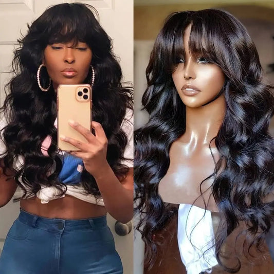 Peruvian Human Hair Wig With Bangs 32 inch Body Wave Hair Wigs For Women Natural Black Machine Made Loose Wave Long Hair Wig