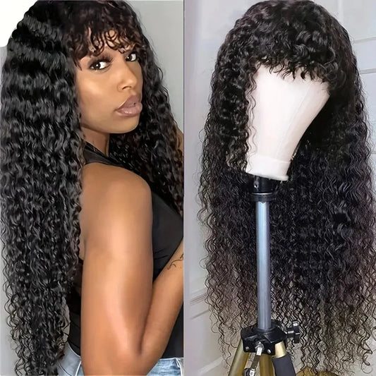 Water Wave Wigs For Women 100 humain hair Deep Curly Wig With Bangs Perruque Cheveux Humain Full Machine Made Wigs Sale