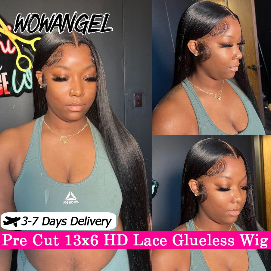 WowAngel 250% Pre Bleached 13x6 HD Lace Front Wigs 34in Glueless Straight Human Hair Wigs Pre Plucked Brazilian Hair For Women