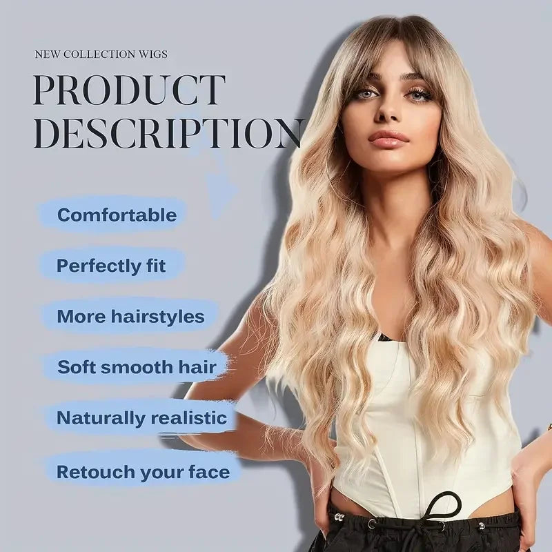 28inch Long Curly Wavy Wig with Bangs Heat Resistant Synthetic Hair Loose Wave Elegant Daily Beginner-Friendly
