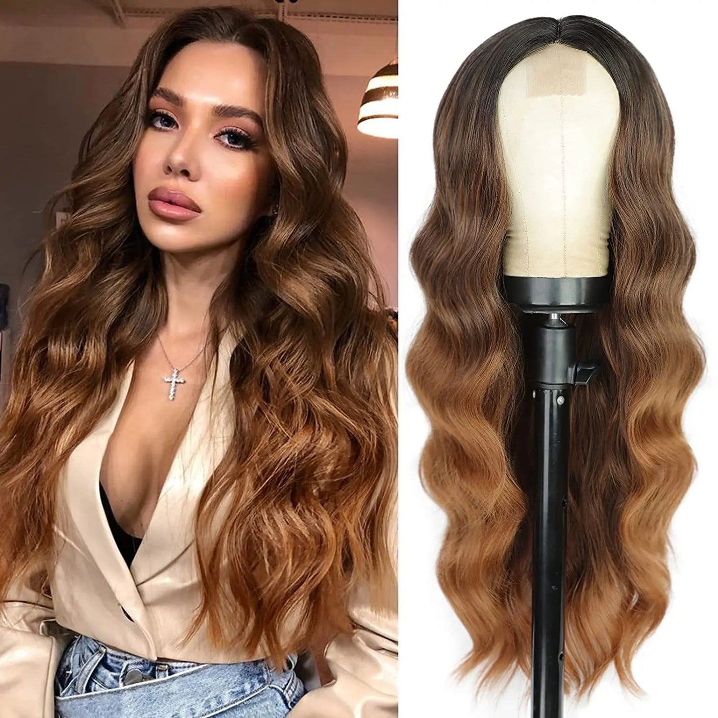 28 Inch Synthetic Hair Wig Long Lace Ombre Blonde Pink Curly Wavy for Women Girl Middle Part Machine Made Daily Party Dating