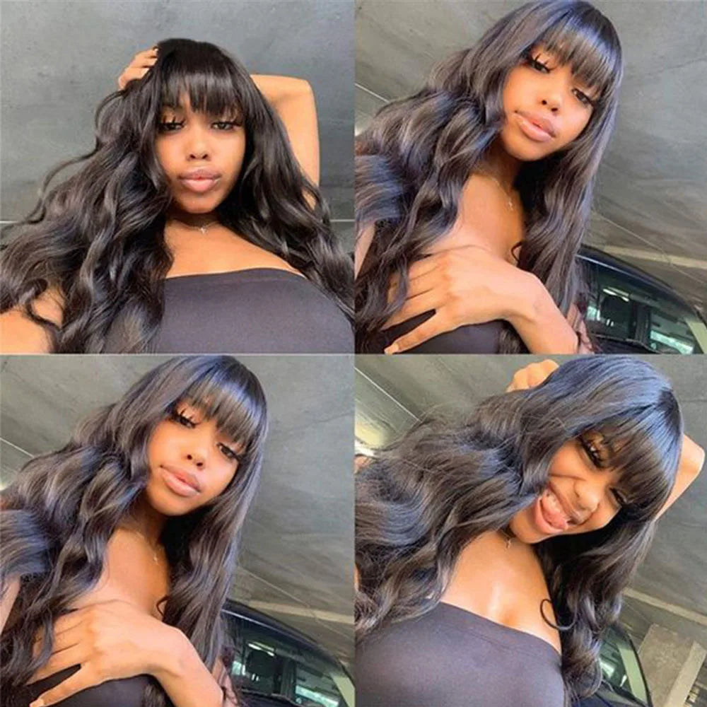 Peruvian Human Hair Wig With Bangs 32 inch Body Wave Hair Wigs For Women Natural Black Machine Made Loose Wave Long Hair Wig
