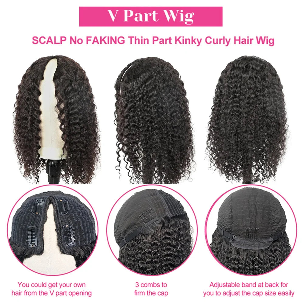 Water Wave V Part Wig Human Hair No Leave Out Curly V Part Human Hair Wigs For Women 180% Brazilian Curly Machine Made Wig