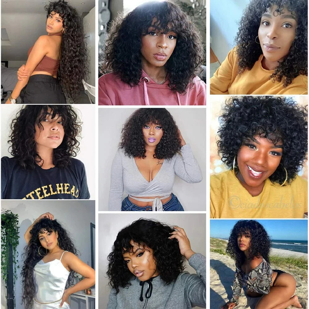 Water Wave Wigs For Women 100 humain hair Deep Curly Wig With Bangs Perruque Cheveux Humain Full Machine Made Wigs Sale