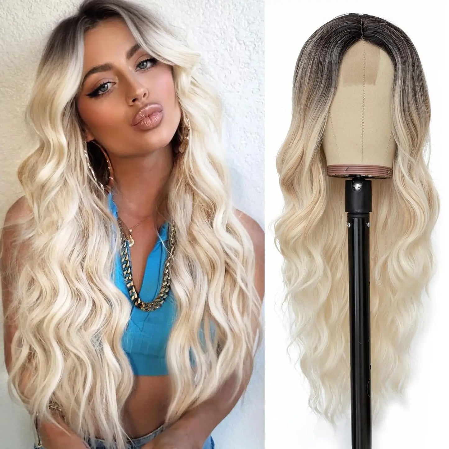 28 Inch Synthetic Hair Wig Long Lace Ombre Blonde Pink Curly Wavy for Women Girl Middle Part Machine Made Daily Party Dating