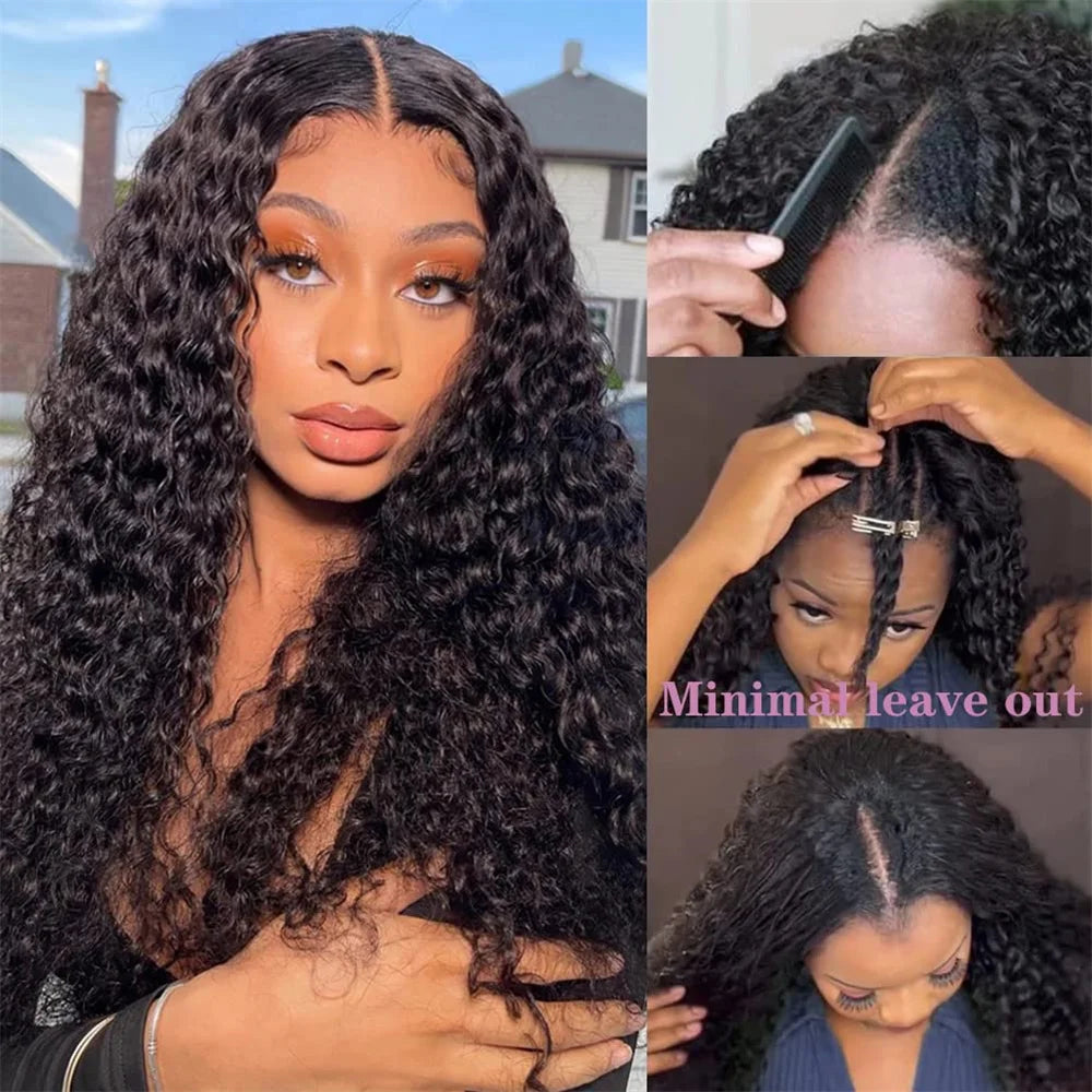 Water Wave V Part Wig Human Hair No Leave Out Curly V Part Human Hair Wigs For Women 180% Brazilian Curly Machine Made Wig