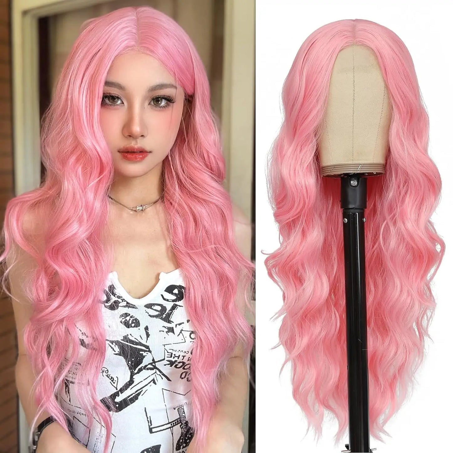 28 Inch Synthetic Hair Wig Long Lace Ombre Blonde Pink Curly Wavy for Women Girl Middle Part Machine Made Daily Party Dating