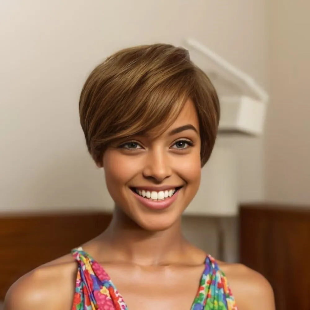 machine made human hair wigs 6inch pixie cut short straight human hair wig for women daily party use  427 high light color